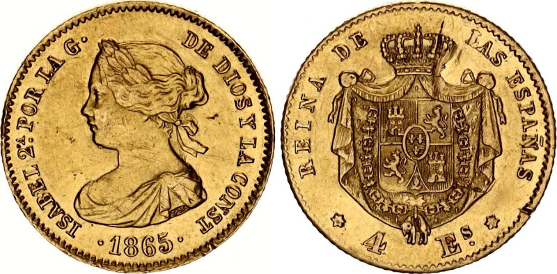 Spain 4 Escudos 1865
KM# 631.1, Cal# 108, N# 18435; Silver; Isabella II; Madrid...