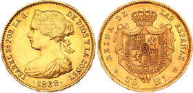 Spain 10 Escudos 1868 (73)
KM# 636.3, N# 37863; Gold (.900) 8.40 g.; Isabella II; Madrid Mint; UNC- Unmounted