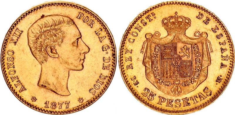 Spain 25 Pesetas 1877 (77) DEM
KM# 673, Cal# 3, N# 14830; Gold (.900) 8.06 g.; ...