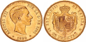 Spain 25 Pesetas 1880 (80) MSM
KM# 673, Cal# 10, N# 14830; Gold (.900) 8.06 g.; Alfonso XIII; Madrid Mint; AUNC