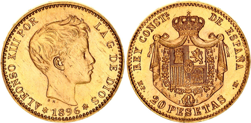 Spain 20 Pesetas 1896 (1962) MPM Restrike
KM# 709, N# 17588; Gold (.900) 6.45 g...