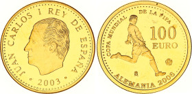 Spain 100 Euro 2003 M
KM# 1077, N# 56889; Gold (.999) 6.75 g.; Juan Carlos I; 2006 FIFA World Cup in Germany; Madrid Mint; Mintage 25'000; Proof