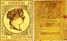 Spain Postal Service Gold Certificate 4 Cuartos 20th Centuries (ND)
Gold (.999) 5.93 g., 19.2 x 23.9 mm; Correos 4 Cuartos; Proof