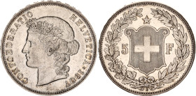 Switzerland 5 Francs 1907 B
KM# 34, Schön# 30, Y# 33, N# 192; Silver; Helvetia; Bern Mint; AUNC/UNC