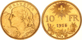 Switzerland 10 Francs 1915 B
KM# 36, Fr# 504, Y# 42, N# 3950; Gold (.900) 3.23 g.; Vreneli; Bern Mint; UNC with minor hairlines