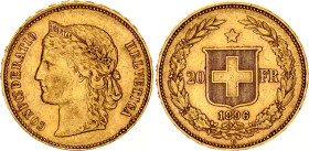 Switzerland 20 Francs 1896 B
KM# 31.2, Fr# 495, Y# 40, N# 20901; Gold (.900) 6.45 g.; Libertas; Bern Mint; XF