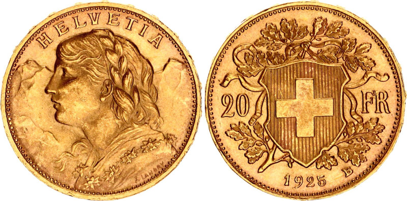 Switzerland 20 Francs 1925 B
KM# 35.1, N# 7497; Gold (.900) 6.45 g.; UNC with f...