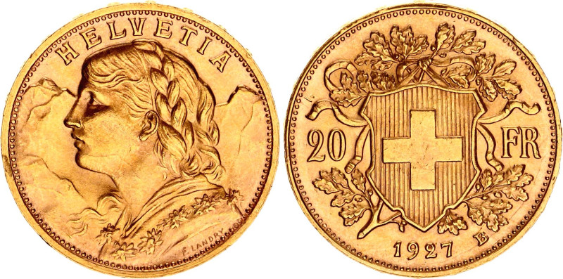 Switzerland 20 Francs 1927 B
KM# 35.1, N# 7497; Gold (.900) 6.45 g.; UNC with f...