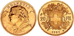 Switzerland 20 Francs 1927 B
KM# 35.1, N# 7497; Gold (.900) 6.45 g.; UNC- with full mint luster