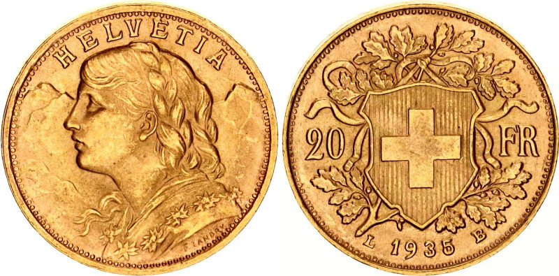 Switzerland 20 Francs 1935 LB Restrike
KM# 35.1, Fr# 499, Y# 41, N# 7497; Gold ...