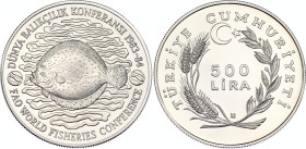 Turkey 500 Lira 1984
KM# 968a, N# 74923; Silver; FAO World Fisheries Conference 1984; Medal alignment, British Royal Mint; Mintage 801 pcs only, one ...