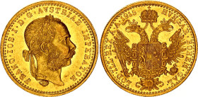 Yugoslavia Austrian 1 Dukat 1915 with Countermark
KM# 2267, N# 26247; Gold (.986) 3.49 g., 20 mm.; Franz Joseph I; AUNC/UNC, full mint luster.