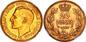 Yugoslavia 20 Francs 1925 NGC MS 64
KM# 7, N# 20801; Gold (.900) 6.45 g., 21 mm.; Alexandar I; With full mint luster