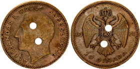 Yugoslavia 20 Dinara 1932 Old Forgery
KM# 15, N# 14653; Yellow metal 12.89 g.; Alexander I; Forgery of the time, clipped with 2 holes; VF