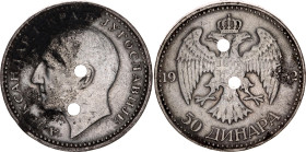 Yugoslavia 50 Dinara 1932 Old Forgery
KM# 16, N# 16520; White metal 17.22 g.; Alexander I; Forgery of the time, clipped with 2 holes; VF