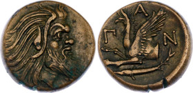 Ancient Greece Pantikapaion Tetrahalk 310 - 303 BC
MacDonald# 69, N# 158106; Copper; Obv: Head of bearded Pan (Satyr) right, with ass's ear. Rev: Π-Α...