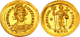 Byzantium AV Solidus 424 - 430 AD
Depeyrot 51/1, RIC 365; Gold 4.31 g.; Theodosius II (402-450); Obv: D N THEODO-SIVS P F AVG Pearl-diademed, helmete...