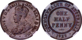 Australia 1/2 Penny 1922 NGC MS 63 BN
KM# 22, Schön# 13, N# 1564; Bronze; George V; Melbourne Mint; UNC