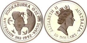Australia 10 Dollars 1992
KM# 228, N# 20729; Silver (.999) 311.067 g., 75.5 mm., Proof; Elizabeth II; Australian Kookaburra; Mintage 2500 pcs; With o...