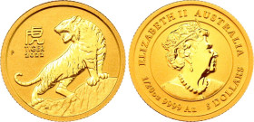 Australia 5 Dollars 2022
N# 326188; Gold (.999) 1.55 g., 14.6 mm.; Elizabeth II; Lunar Series III – Year of the Tiger; UNC