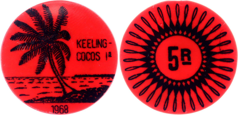 Keeling Cocos Islands 5 Rupees 1968
KM# Tn15, N# 70472; Plastic; Clunies-Ross V...