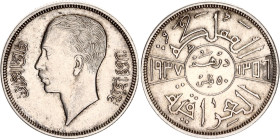 Iraq 50 Fils 1937 AH 1356
KM# 104; Ghazi I, 1933-1939. Silver, UNC, mint luster. Rare date.