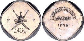 Muscat & Oman 2 Baiza 1945 AH 1365 Restrike PCGS PR 63
KM# 25, N# 11740; Copper-nickel., Proof; Said