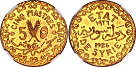 Syria 5 Piastres 1926 Essai NGC SP 65
KM# E2, N# 102027; Medal Allignment; Aluminium-bronze; With full mint luster