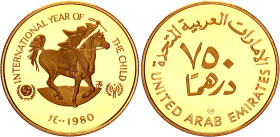 United Arab Emirates 750 Dirhams 1980 AH 1400
KM# 8, Fr# 3, N# 26025; Gold (.900) 17.17 g.; Zayed bin Sultan Al Nahyan; International Year of the Chi...