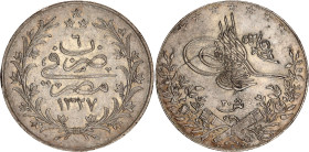 Egypt 20 Qirsh AH 1327 H 1913//6
KM# 310, N# 28413; Mehmed V. Misr mint in Egypt. Silver, UNC, mint luster. Rare in any condition.