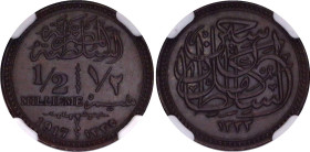 Egypt 1/2 Millieme 1917 AH 1335 NGC MS 65 BN
KM# 312, N# 21757; Bronze; Hussein Kamel; Occupation Coinage