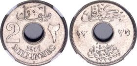 Egypt 2 Milliemes 1917 H AH 1335 NGC MS 65
KM# 314, N# 4821; Copper-nickel; Hussein Kamel; Occupation Coinage; With full mint luster