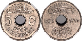 Egypt 5 Milliemes 1917 H AH 1335 NGC MS 64
KM# 315, N# 1273; Copper-nickel; Hussein Kamel; Occupation Coinage; With full mint luster