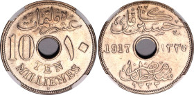 Egypt 10 Milliemes 1917 H AH 1335 NGC MS 63
KM# 316, N# 8675; Copper-nickel; Hussein Kamel; Occupation Coinage; With full mint luster