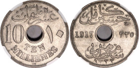 Egypt 10 Milliemes 1917 KN AH 1335 NGC MS 64
KM# 316, N# 8675; Copper-nickel; Hussein Kamel; Occupation Coinage; With full mint luster