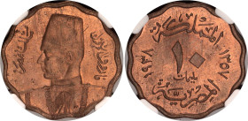 Egypt 10 Milliemes 1938 AH 1357 NGC MS 64 RD
KM# 361, N# 7132; Bronze; Farouk; With full mint luster