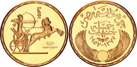 Egypt 5 Pounds 1957 AH 1377
KM# 388, Fr# 39, N# 28424; Gold (.875) 42.47 g., Proof; 5th Anniversary of Revolution