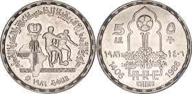 Egypt 5 Pounds 1986 AH 1406 NGC MS 64
KM# 590, N# 227533; Silver; African Soccer Championship Games