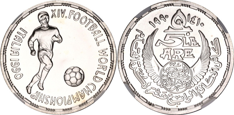 Egypt 5 Pounds 1990 AH 1410 NGC MS 68
KM# 682, N# 311285; Silver; 1990 Football...