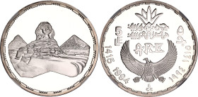 Egypt 5 Pounds 1994 AH 1415 NGC PF 68 Ultra Cameo
KM# 749; Silver., Proof; Ancient Treasure Collection - Sphinx and pyramid