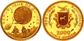 Guinea 2000 Francs Guinéens 1969
KM# 18, Schön# 20, N# 99982; Gold (.900) 8.00 g.; Lunar Landing; Mintage 15'000; Proof