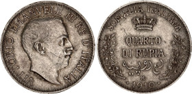 Italian Somaliland 1/4 Rupia 1910
KM# 4, N# 12617; Silver; Vittorio Emanuele III; XF+