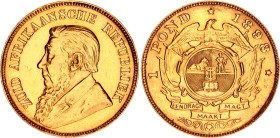 South Africa 1 Pond 1898
KM# 10.2; N# 9791; Gold (.917) 7.99 g.; Johannes Paulus Kruger; AU-UNC. Mint luster. Rare in this condition.