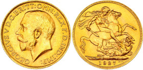 South Africa 1 Sovereign 1927 SA
KM# 21, Hern# S342, N# 11043; Gold (.917) 7.99 g.; George V; Pretoria Mint; UNC Luster