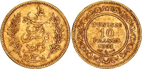 Tunisia 10 Francs 1891 AH 1308 A
KM# 226, Lec# 404, N# 11216; Gold (.900) 3.22 g.; Ali III; Paris Mint; XF