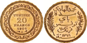 Tunisia 20 Francs 1904 AH 1321 A
KM# 234, Fr# 12, Lec# 459, N# 11221; Gold (.900) 6.45 g.; Muhammad IV; Paris Mint; UNC