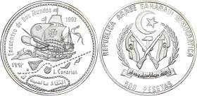 Western Sahara 500 Pesetas 1992
KM# 9.1, N# 10187; Silver, Proof; Meeting of Two Worlds (5th Centennial of the Discovery of America); Low mintage; UN...