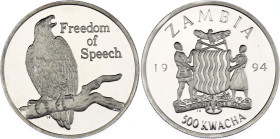 Zambia 500 Kwacha 1994
KM# 41, N# 73057; Silver, Proof; Freedom Of Speech; Low mintage.