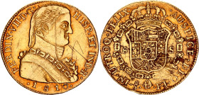 Chile 8 Escudos 1810 So FJ
KM# 72, N# 24557; Gold (.875) 27.07 g.; Fernando VII; Santiago Mint; Mintage 55'000; VF-XF with graffiti. Rare coin in any...