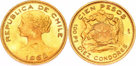 Chile 100 Pesos 1962 So
KM# 175, N# 34941; Gold (.900) 20.34 g.; Santago Mint; UNC